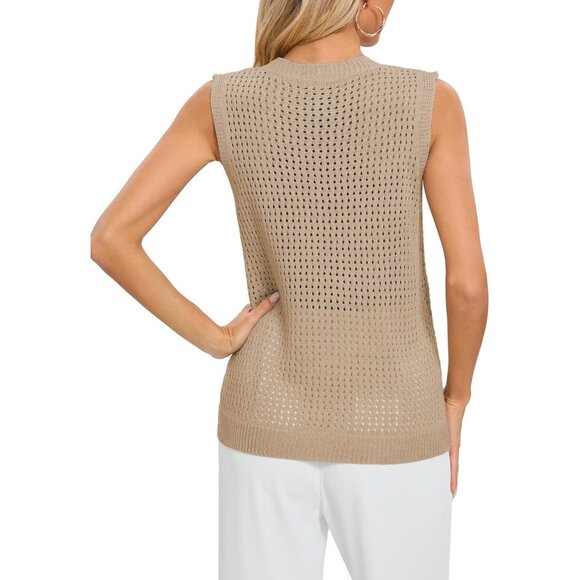 🆕 Women Khaki Mesh Crochet Tank Top Sexy Sleeveless Crew Neck Knit Loose Shirt - Picture 7 of 7